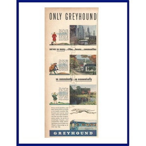 GREYHOUND BUS Original 1947 Vintage Color Print Advertisement - Big City Woman * Small Town Couple * Farm Girl