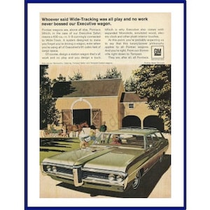 PONTIAC EXECUTIVE SAFARI Kombi Samochód Oryginalny 1968 Vintage Kolorowa Reklama Drukowana - Zielony Samochód w Scenie Stajni Konnej