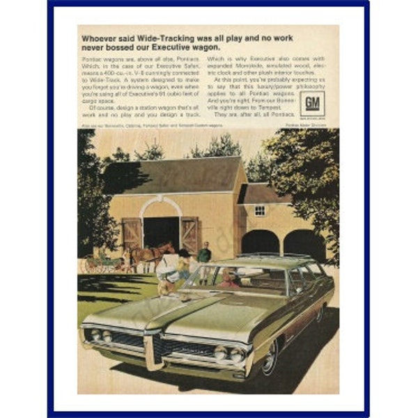 PONTIAC EXECUTIVE SAFARI Station Wagon Automobile Original 1968 Vintage Color Print Advertisement - Green Car in Horse Stable Scene