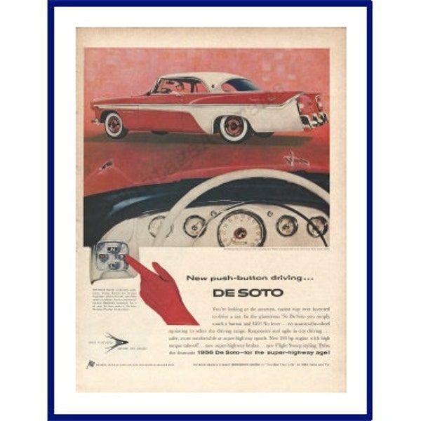 DESOTO FIREFLITE AUTOMOBILE Original 1956 Vintage Extra Large Color Print Advertisement - Red & White Car "New Push-Button Driving De Soto"