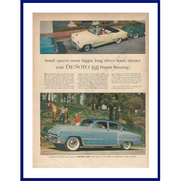 DESOTO AUTOMOBILE Original 1953 Vintage Extra Large Color Print Ad  "Small Spaces Seem Bigger, Long Drives Seem Shorter with De Soto . . ."