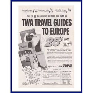 TWA / Trans World Airlines Original 1955 Vintage Black & White Print Advertisement - &quot;TWA Travel Guides To Europe&quot;