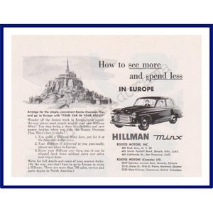 HILLMAN MINX Original 1953 Vintage Black & White Print Advertisement &quot;How To See More And Spend Less In Europe&quot; British Car / Rootes Motors