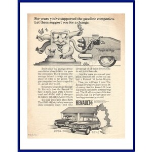 RENAULT 10 und 16 Automobil Original 1969 Vintage Extra groß-Schwarz & weiß Cartoon Printwerbung - Französisch Auto an gierig Zapfsäule