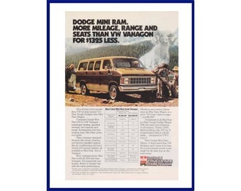 Dodge Mini Ram Wagon Original 1981 Vintage Color Print Advertisement - Tan and Brown Van; Family Hiking / Canoing at Western Mountain Lake