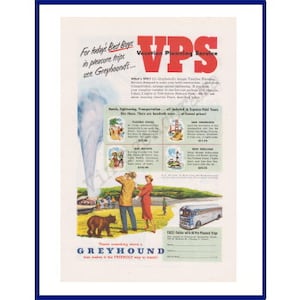 GREYHOUND BUS Original 1952 Vintage Color Print Advertisement - Yellowstone National Park Old Faithful Geyser