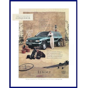 Anuncio original de la SUV GMC JIMMY, impresión a color vintage de 1996/1997. &quot;El conquistador cotidiano&quot;. Patricia Bouchillon, jinete.