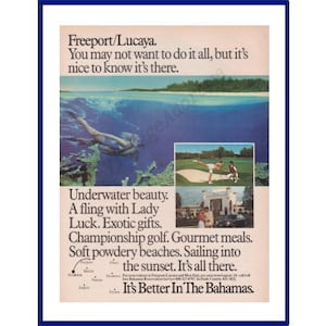 BAHAMA ISLANDS Freeport Lucaya Travel and Tourism Original 1986 Vintage Color Print Advertisement - Snorkeling, Casino, Playing Golf