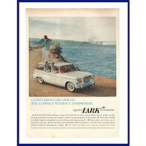 STUDEBAKER LARK Automobile Original 1960 Vintage Extra Large Color Print Advertisement - White Station Wagon * Seaside / Coastline / Ocean
