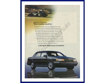 LINCOLN CONTINENTAL AUTOMOBILE Original 1990 Vintage Color Print Advertisement - "Jackie Stewart. What A Chauffeur Should Be."