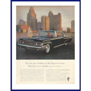 1961 FORD MERCURY MONTCLAIR Automobile Original 1960 Vintage Extra Large Print Color Advertisement - Black 2-Door Car in Cityscape Scene