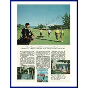 BERMUDA Original 1967 Vintage Print Ad &quot;Everywhere We Looked - Hibiscus, Casuarinas And The Sea. Good Thing Our Caddy Watched The Ball.&quot;