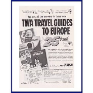 TWA / Trans World Airlines Original 1957 Vintage Black & White Print Advertisement - &quot;TWA Travel Guides To Europe&quot;