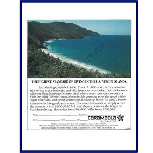 CARAMBOLA, ESTADOS UNIDOS Ilhas Virgens Anúncio impresso colorido vintage original de 1987 "O mais alto padrão de vida"