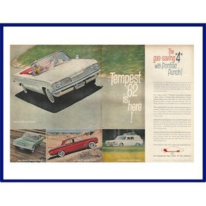 1962 PONTIAC TEMPEST Automobiles Original 1961 Vintage Extra Large Double-Page Color Print Advertisement &quot;The Gas-Saving 4&quot;
