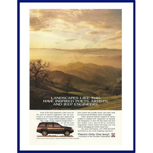 May include: An advertisement featuring a Jeep SUV against a backdrop of a mountain range at sunset. The text reads, "Landscapes like this have inspired poets, artists, and Jeep engineers!" The vehicle is brown and black.