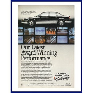 PONTIAC GRAND PRIX Automobile Original 1990 Vintage Color Print Advertisement "Our Latest Award-Winning Performance." Black Car