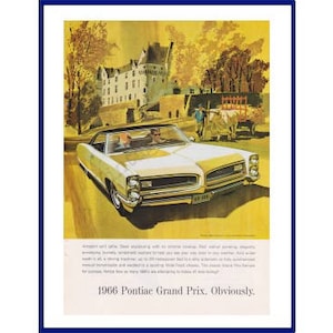 PONTIAC GRAND PRIX Samochód Oryginalny 1966 Vintage Print Reklama - Samochód 2-drzwiowy / Francuski Chateau / Białe woły Charolais ciągnące wóz