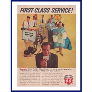 Cartão de crédito PHILLIPS 66 Original 1965 Anúncio impresso em cores vintage "Serviço de primeira classe!" Motéis em Quality Courts