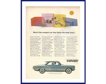 CORVAIR AUTOMOBILE Original 1960 Vintage Extra Large Color Print Advertisement "Here's The Compact Car That Threw The Book Away!"