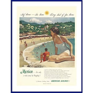 AMERICAN AIRLINES Original 1950 Vintage Extra Large Color Print Advertisement "Mexico - It's Only A Wish Away By Flagship!" Acapulco Scene