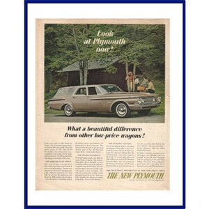 PLYMOUTH STATION WAGON Automobile Original 1961 Vintage Extra Large Color Print Advertisement - Family Picnic Theme