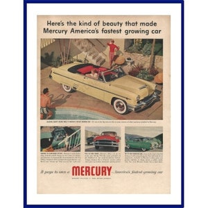 MERCURY AUTOMOBILE Original 1954 Vintage Extra Large Color Print Advertisement - Yellow Convertible Car Parked on Pool Patio