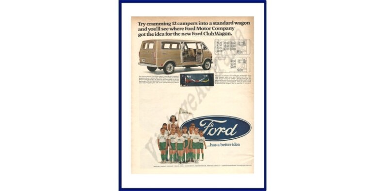 White Van and Adorable Children; 12 Campers from Camp Ra-Pa-Ho FORD CLUB WAGON Original 1968 Vintage Extra Large Color Print Advertisement