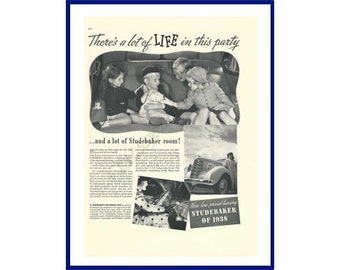 1938 STUDEBAKER Automobile Original 1937 Vintage Extra Large Black & White Print Advertisement "There's A Lot Of Life In This Party"