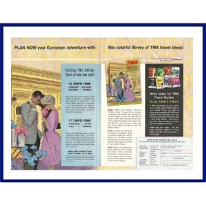 TWA / Trans World Airlines Original 1961 Vintage Print Ad &quot;Plan Now Your European Adventure With This Colorful Library Of TWA Travel Ideas!&quot;