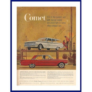 FORD COMET Automobile Original 1960 Vintage Extra Large Print Advertisement - Red 2-Door Car & White Station Wagon * Fishing Marina Theme