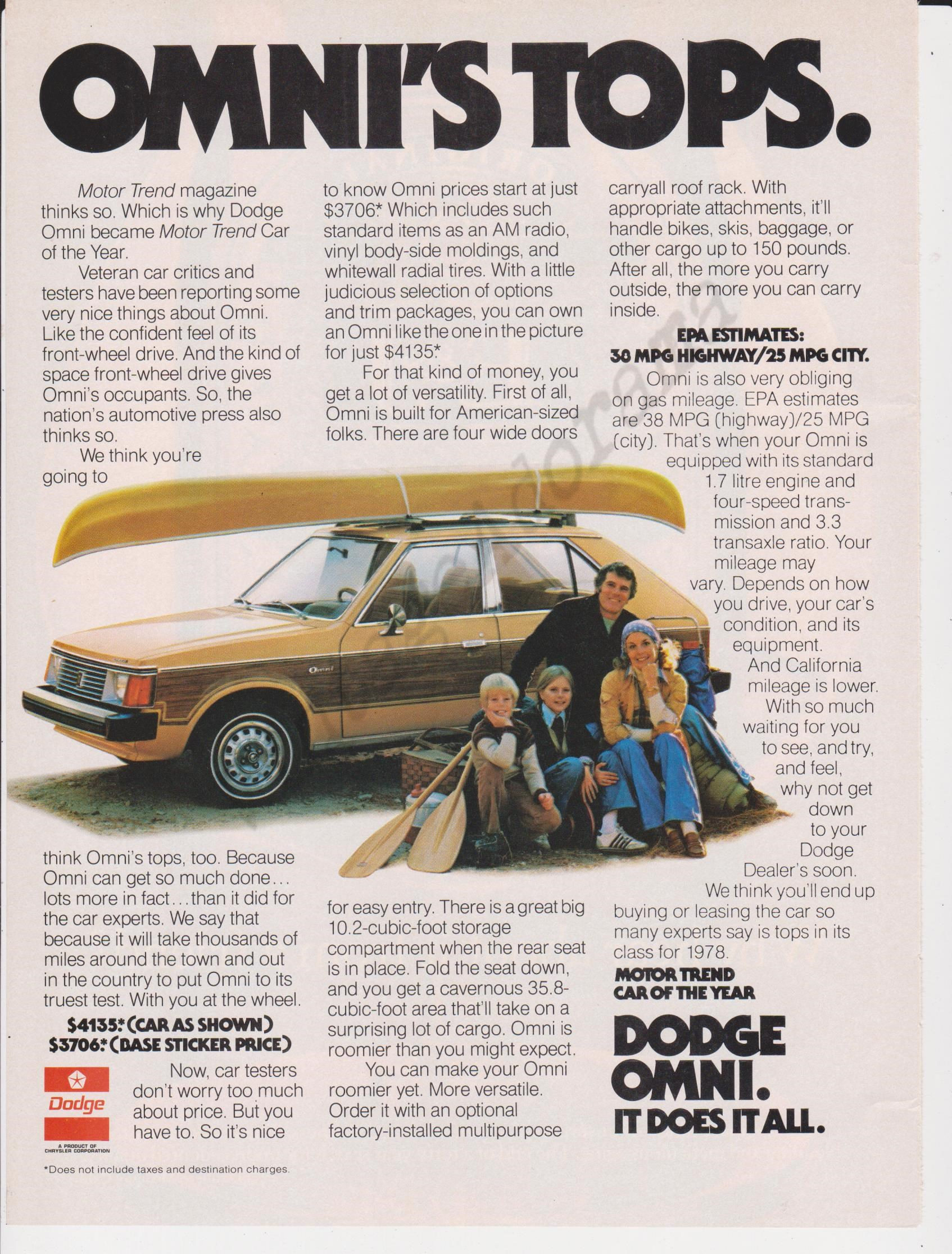 DODGE OMNI Automobile Original 1978 Vintage Color Print | Etsy