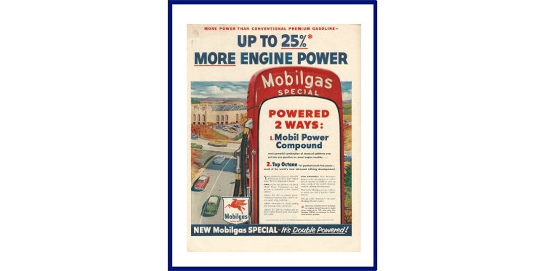 MOBILGAS GASOLINE Original 1954 Vintage Extra Large Print Ad more Power