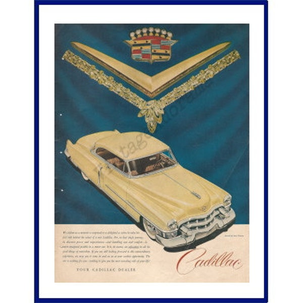 CADILLAC AUTOMOBILE Original 1953 Vintage Extra Large Color Print Advertisement - Yellow Luxury Car & Jewels by Harry Winston