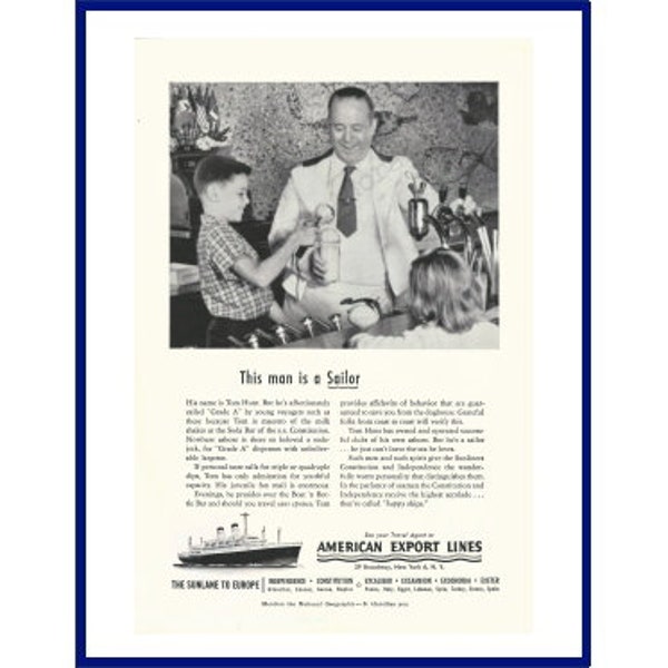 AMERICAN EXPORT LINES Originale 1954 Vintage Black & White Print Advertisement - Tom Hunt, Soda Jerk on S.S. Constitution; Nave da crociera