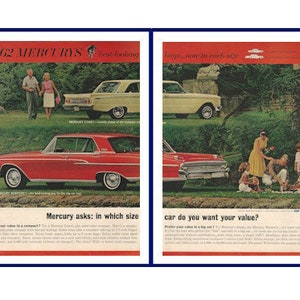 1962 MERCURY COMET and MONTEREY Automobiles Original 1961 Vintage Extra Large Double-Page Color Print Advertisement - Family Picnic Theme