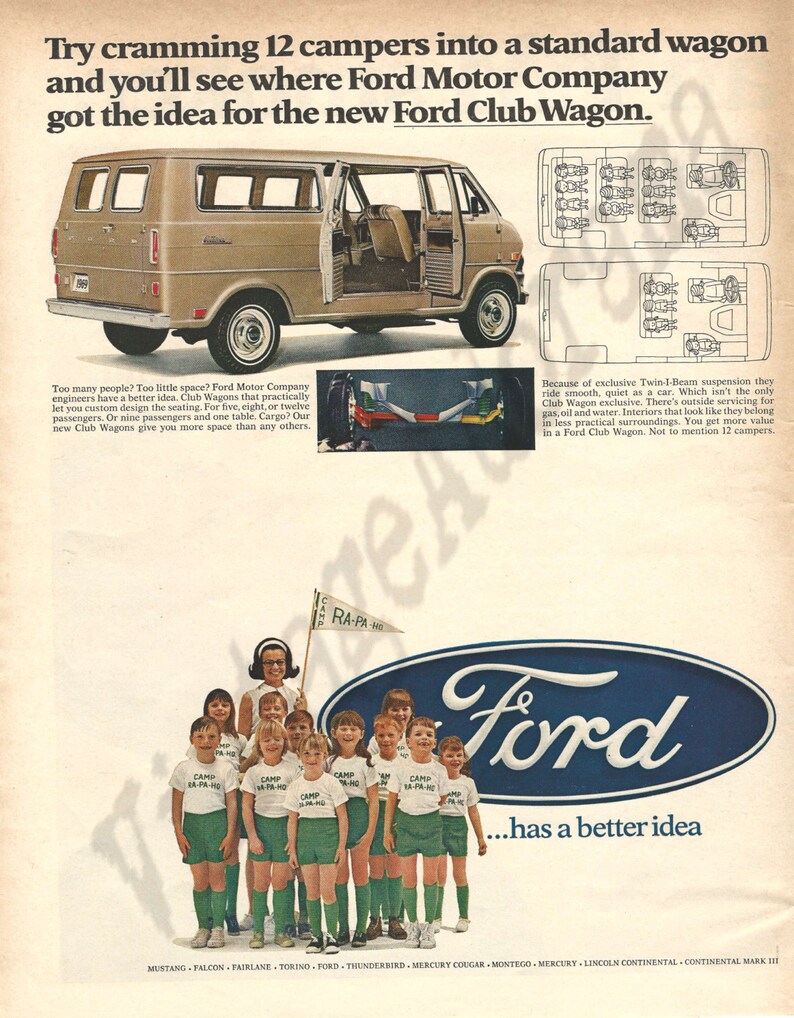 White Van and Adorable Children; 12 Campers from Camp Ra-Pa-Ho FORD CLUB WAGON Original 1968 Vintage Extra Large Color Print Advertisement