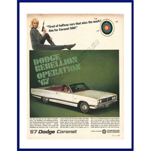 1976 DODGE CORONET 500 Automobile Original 1966 Vintage Extra Large Color Print Ad - White Convertible Car &quot;Dodge Rebellion Operation &#39;67&quot;