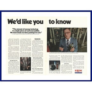 EXXON Original 1974 Vintage Color Print Advertisement &quot;We&#39;d Like You To Know&quot; Synthetic Fuels Research Division