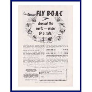 BOAC / British Overseas Airways Corporation Original 1954 Vintage Print Advertisement &quot;Fly BOAC Around The World - Under 6 Cents A Mile!&quot;