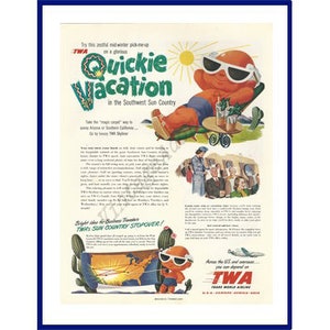 TWA / Trans World Airline Original 1950 Vintage Extra Large Color Print Anúncio &quot;Quickie Vacation In The Southwest Sun Country&quot;