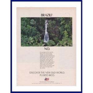 PUERTO RICO Travel & Tourism Original 1992 Vintage Color Print Advertisement - Waterfall in Tropical Forest "Discover the New Old World"