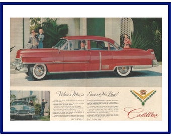 CADILLAC AUTOMOBILE Original 1954 Vintage Extra Large Color Print Advertisement "When a Man is Seen at His Best" Red Luxury Car