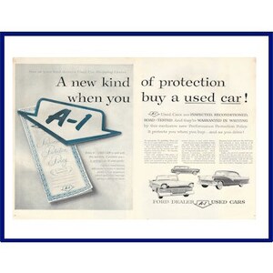 USED FORD AUTOMOBILES Original 1959 Vintage Extra Large Double-Page Print Advertisement &quot;A New Kind Of Protection When You Buy A Used Car!&quot;