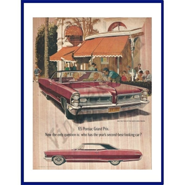 PONTIAC GRAND PRIX Automobile Original 1965 Vintage Extra Large Color Print Advertisement - Red Car in Outdoor Cafe Scene