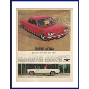 CORVAIR MONZA AUTOMOBILE 1963 Vintage Extra Large Color Print Ad - &quot;Corvair Monza Goes Around Curves Like A Corner In Town&quot; / Betty Skelton