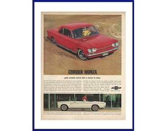 CORVAIR MONZA AUTOMOBILE 1963 Vintage Extra Large Color Print Ad - "Corvair Monza Goes Around Curves Like A Corner In Town" / Betty Skelton