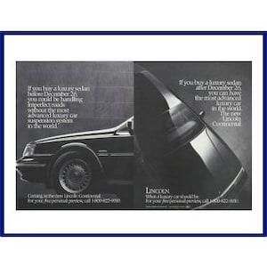 1988 Lincoln Continental Automobile Original 1987 Vintage Black & White Print Advertisement - Luxury Car
