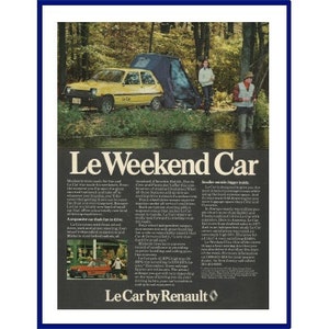 LeCar automóvil Original 1978 Vintage impresión publicidad - Renault amarillo economía coche en escena acampada &quot;Fin de semana Le Car&quot;