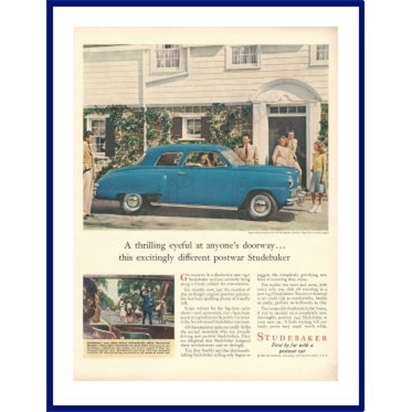 STUDEBAKER CHAMPION REGAL De Luxe Automobile Original 1947 Vintage Extra Large Color Print Advertisement - Blue American Postwar Car